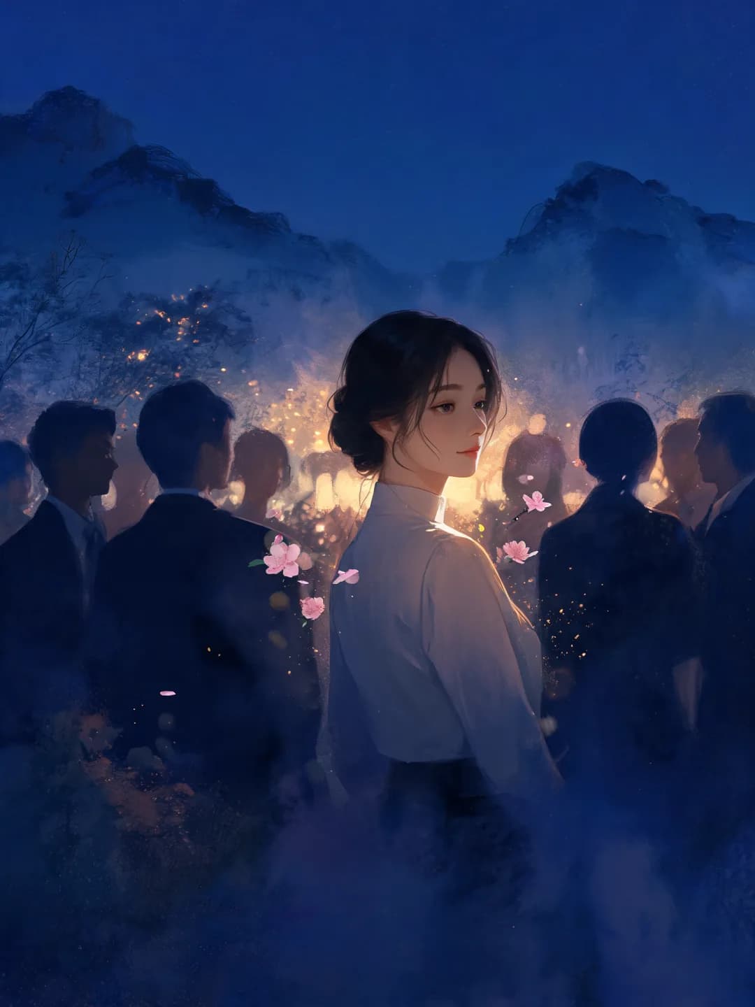 밤 모임 가장자리에 선 사람에게 주변 시선이 모이는 장면